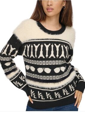 Karl Lagerfeld Black and Cream Patterned Faux-Fur Trim Crewneck Sweater